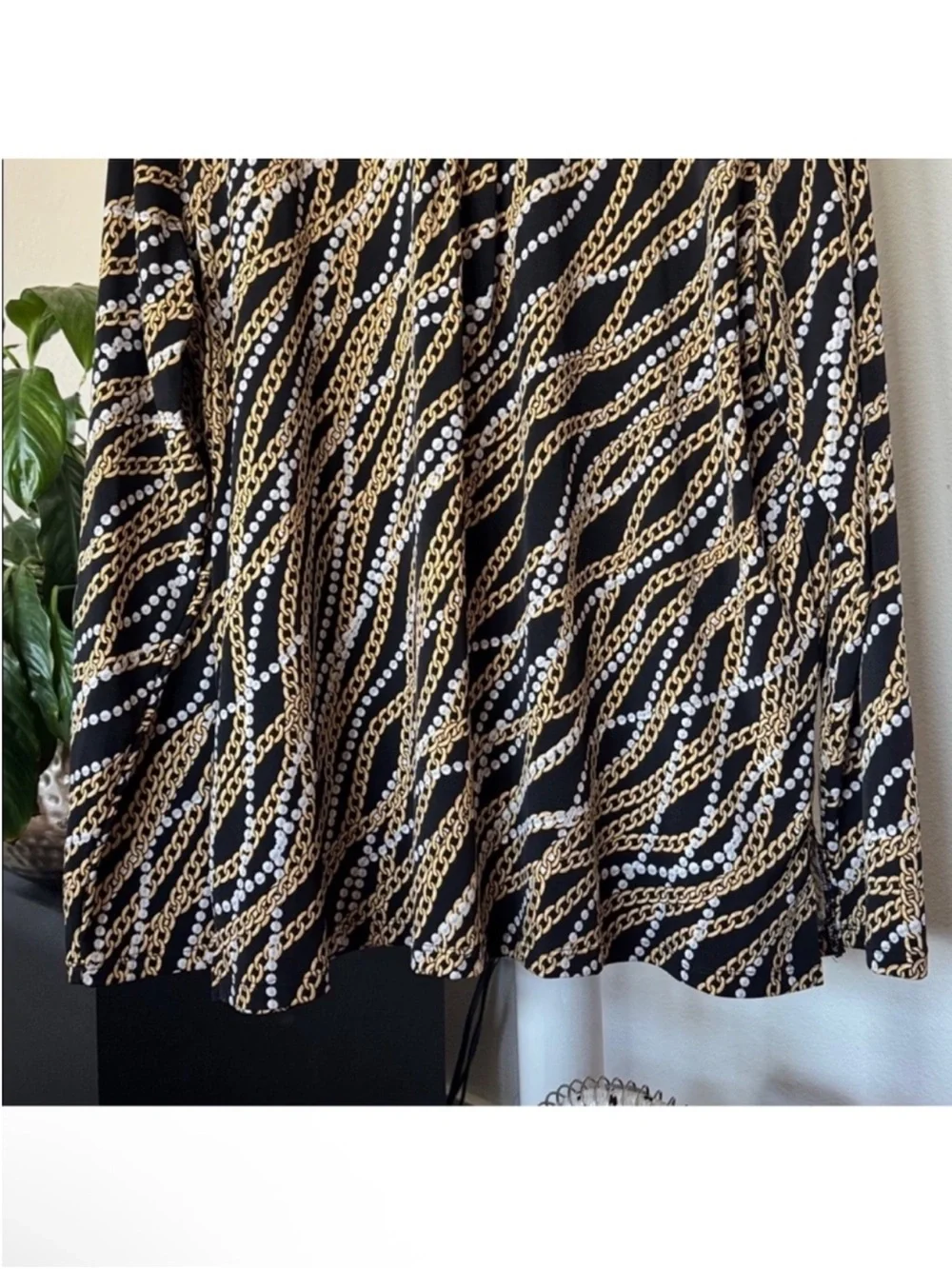 Michael Kors Top Blouse Sz XXL Zip Up Logo MK  Black Gold Chain Pearl Print